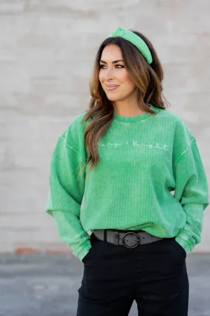 Thin Cursive Merry & Bright Ribbed Graphic Crewneck