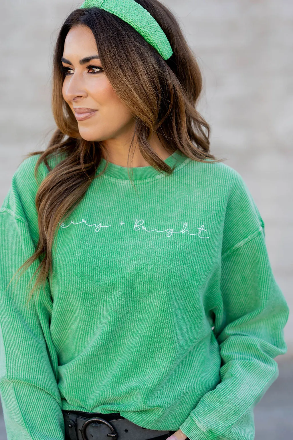 Thin Cursive Merry & Bright Ribbed Graphic Crewneck