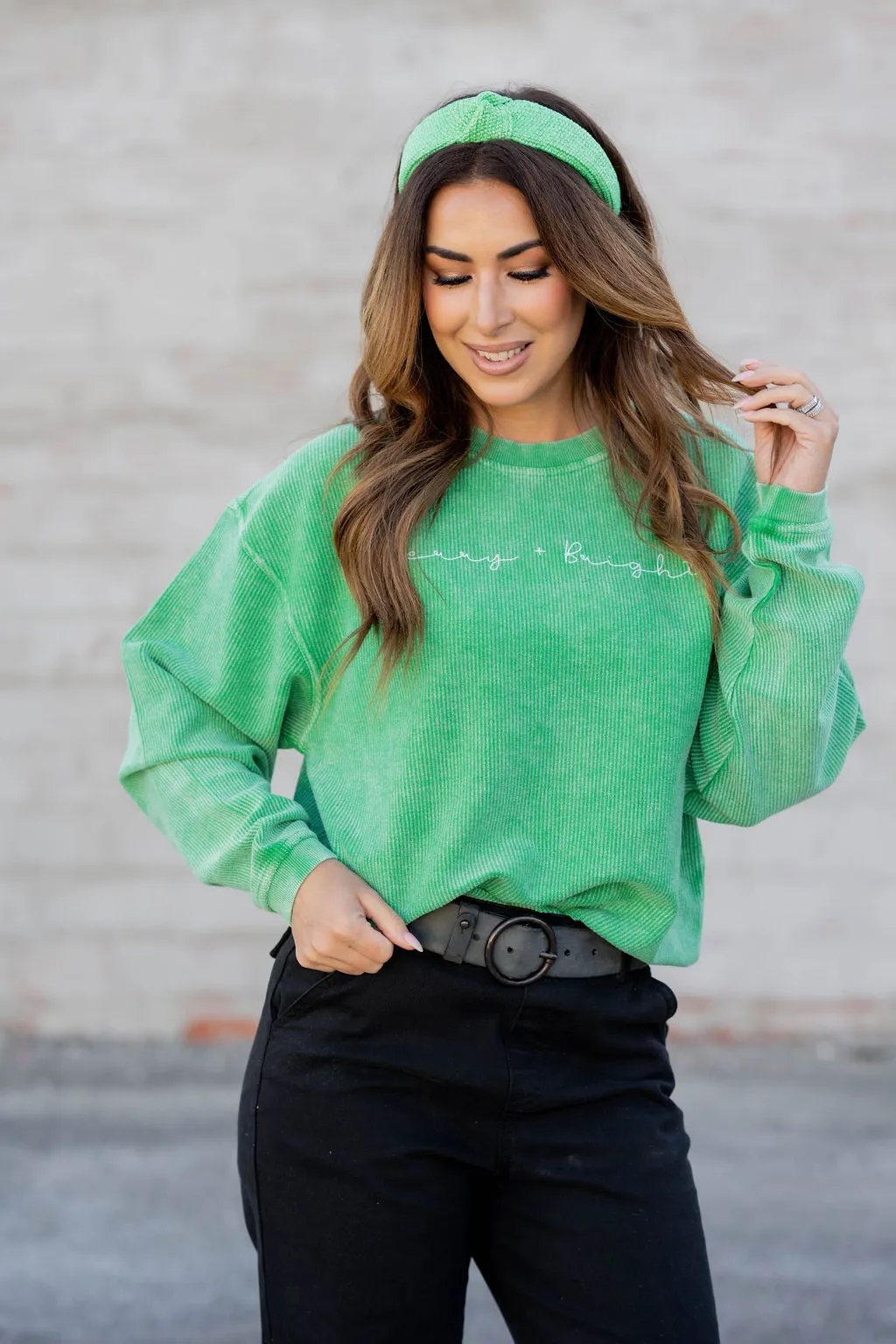 Thin Cursive Merry & Bright Ribbed Graphic Crewneck