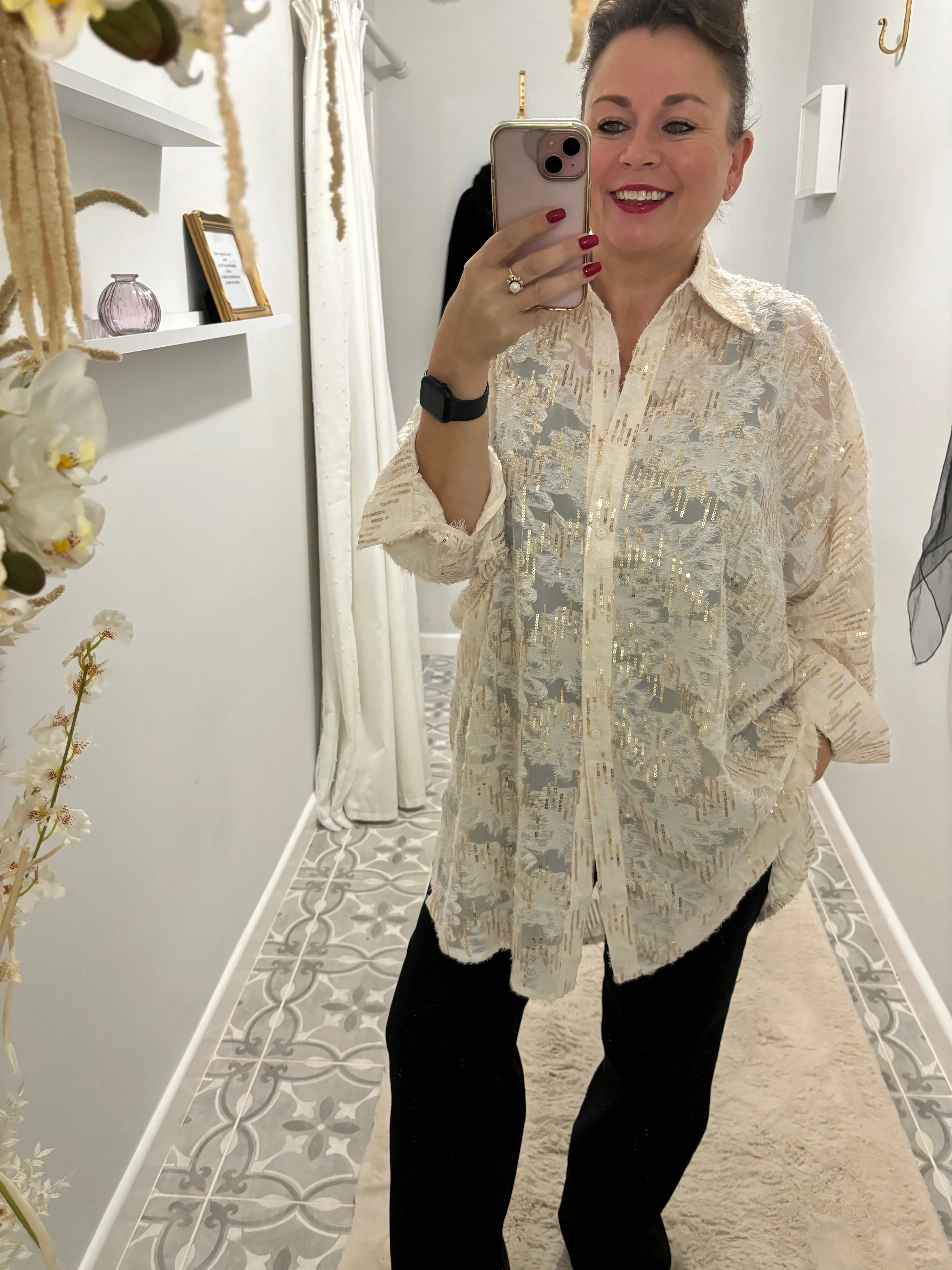 White Hanger Sequin Longline Blouse